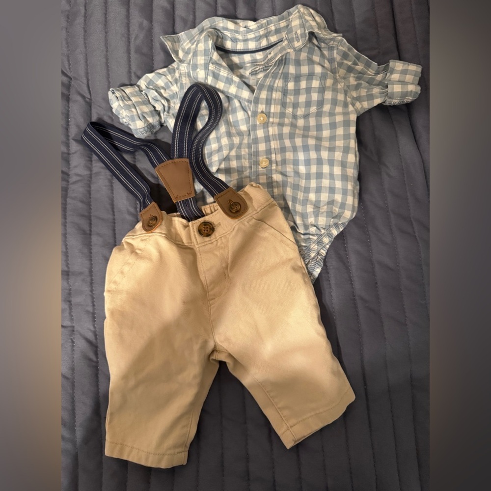 Carter's Blue Checkered Suspenders Outfit-NB